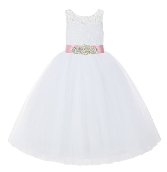 White V-Back Lace Tutu Flower Girl Dress Formal Photoshoot Dresses for Toddler Girls 212R3