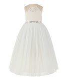 Ivory Lace Back Halter Formal Flower Girl Dress Holy Baptism Father Daughter Dance Gown 213R4