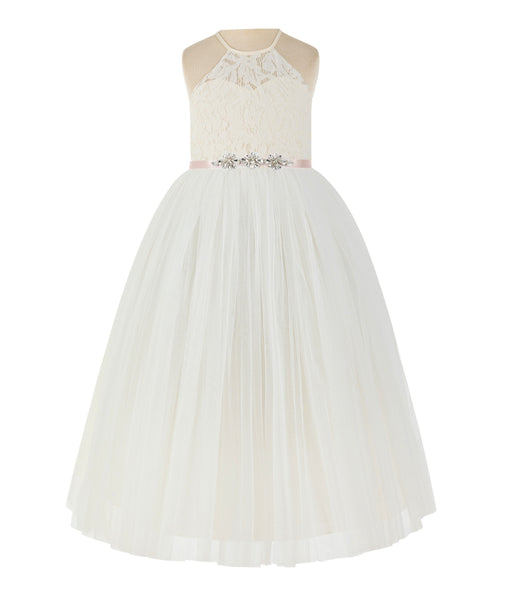 Ivory Lace Back Halter Formal Flower Girl Dress Holy Baptism Father Daughter Dance Gown 213R4