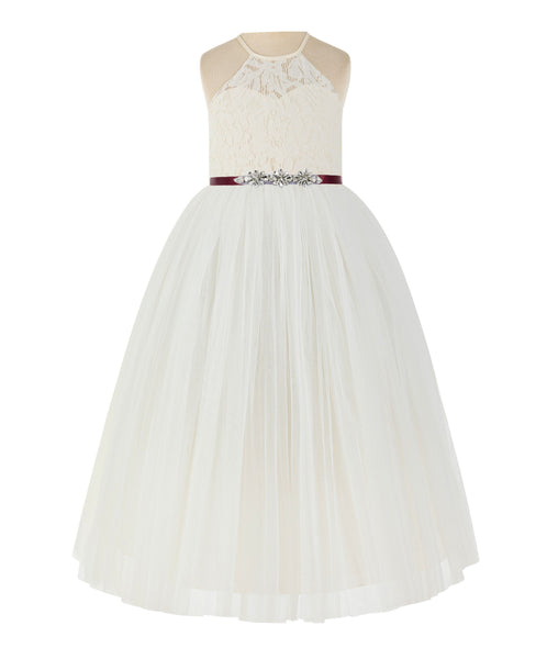 Ivory Lace Back Halter Formal Flower Girl Dress Holy Baptism Father Daughter Dance Gown 213R4