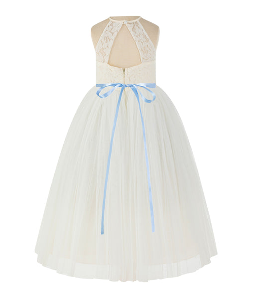 Ivory Lace Back Halter Formal Flower Girl Dress Holy Baptism Father Daughter Dance Gown 213R4
