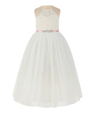 Ivory Lace Back Halter Formal Flower Girl Dress Holy Baptism Father Daughter Dance Gown 213R4