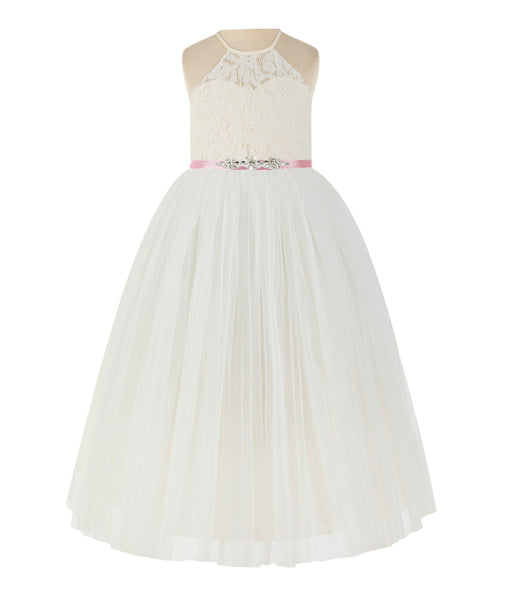Ivory Lace Back Halter Formal Flower Girl Dress Holy Baptism Father Daughter Dance Gown 213R4
