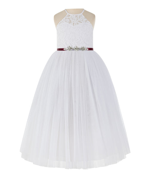 White Lace Back Halter Formal Flower Girl Dress Holy Communion Christening Gown for Toddlers 213R4