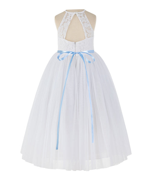 White Lace Back Halter Formal Flower Girl Dress Holy Communion Christening Gown for Toddlers 213R4