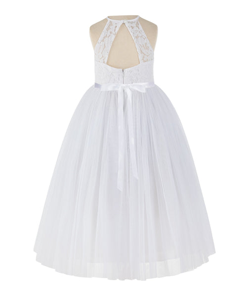 White Lace Back Halter Formal Flower Girl Dress Holy Communion Christening Gown for Toddlers 213R4