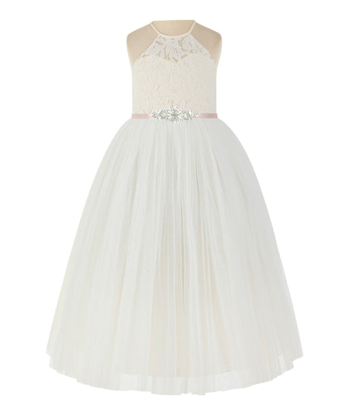 Lace Back Halter Flower Girl Dress Toddler Dresses Formal Pretty Princess Gown 213R5thin