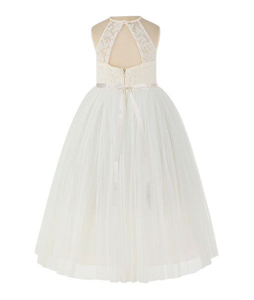 Lace Back Halter Flower Girl Dress Holy Communion Baptism Christening Gown for Toddler Girls 213R4