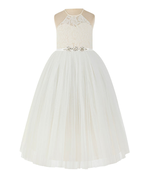 Ivory Lace Back Halter Formal Flower Girl Dress Holy Baptism Father Daughter Dance Gown 213R4