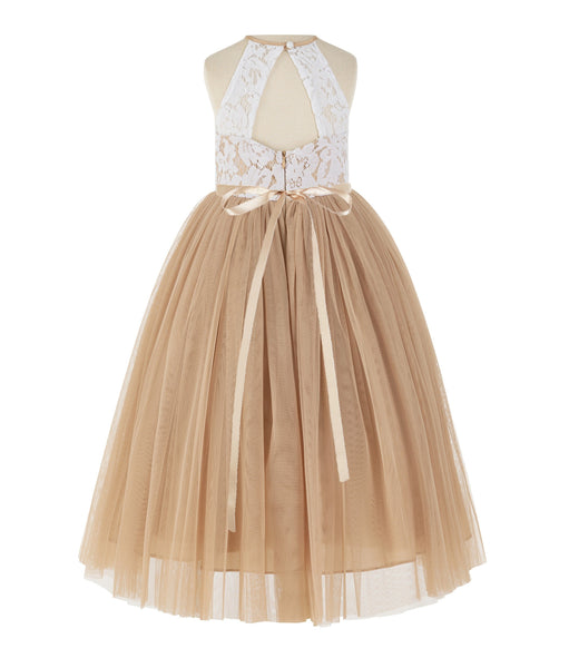 Lace Back Halter Flower Girl Dress Holy Communion Baptism Christening Gown for Toddler Girls 213R4