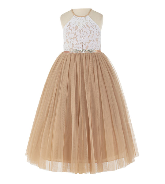 Lace Back Halter Flower Girl Dress Holy Communion Baptism Christening Gown for Toddler Girls 213R4