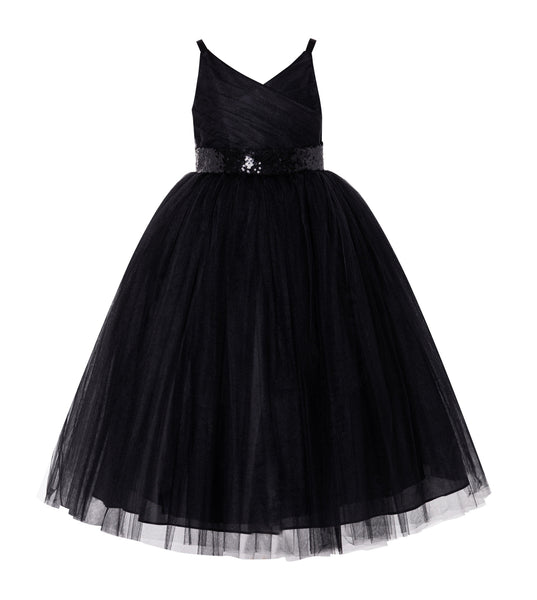 V-Neck Tulle Sequin Flower Girl Dress Junior Bridesmaid Gown Holy Communion Baptism Dresses 218