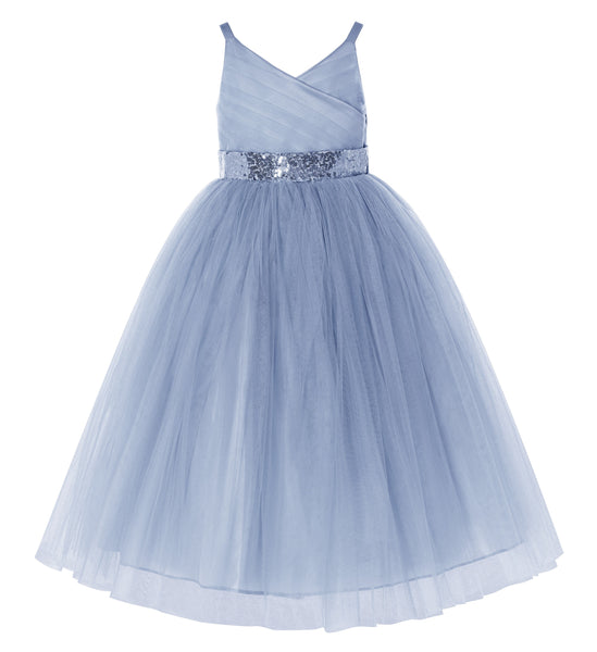 V-Neck Tulle Sequin Flower Girl Dress Junior Bridesmaid Gown Holy Communion Baptism Dresses 218