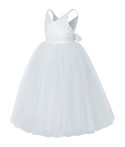 V-Neck Tulle Sequin Flower Girl Dress Junior Bridesmaid Gown Holy Communion Baptism Dresses 218