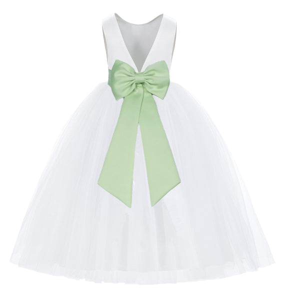 White V-Back Satin Flower Girl Dresses with Colored Sash Special Occasion Formal Events 219T(1)