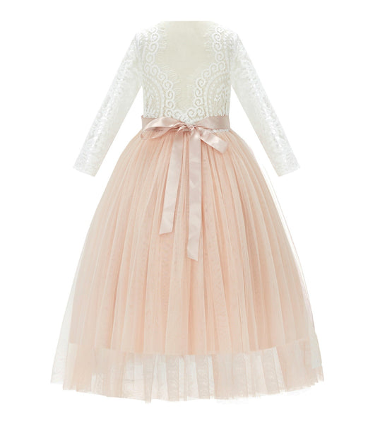 A-Line V-Back Lace Flower Girl Dress with Sleeves Formal Junior Princess Gown Special Occasion 290R3