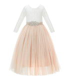 A-Line V-Back Lace Flower Girl Dress with Sleeves Formal Junior Princess Gown Special Occasion 290R3