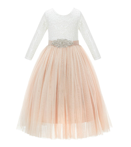 A-Line V-Back Lace Flower Girl Dress with Sleeves Formal Junior Princess Gown Special Occasion 290R3