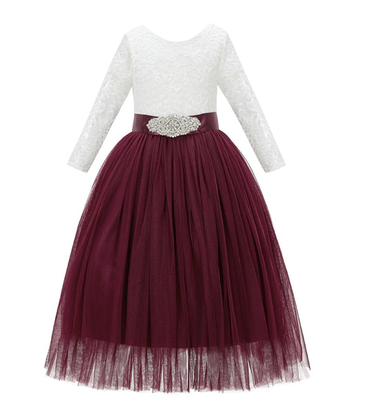 A-Line V-Back Lace Flower Girl Dress with Sleeves Formal Junior Princess Gown Special Occasion 290R3