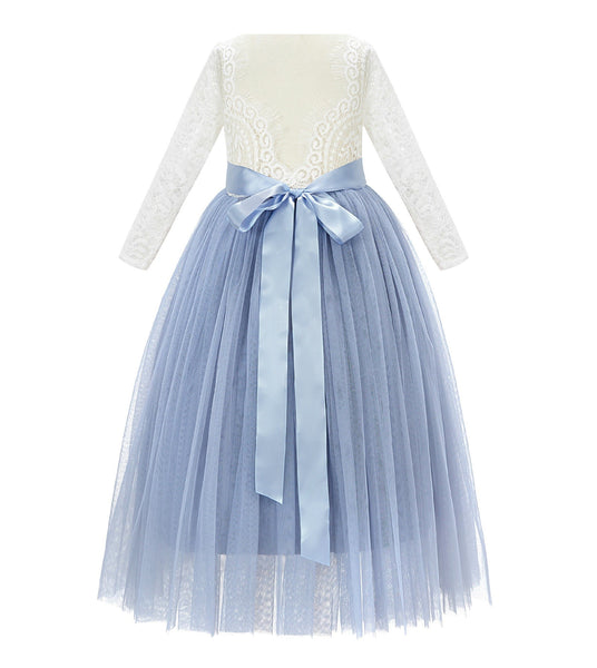 A-Line V-Back Lace Flower Girl Dress with Sleeves Formal Junior Princess Gown Special Occasion 290R3