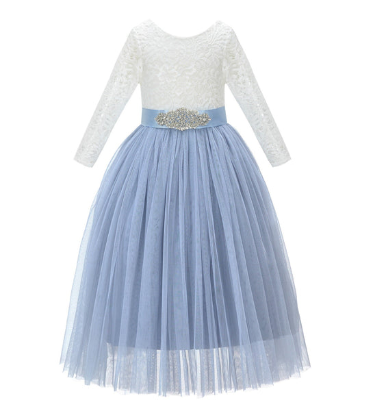 A-Line V-Back Lace Flower Girl Dress with Sleeves Formal Junior Princess Gown Special Occasion 290R3