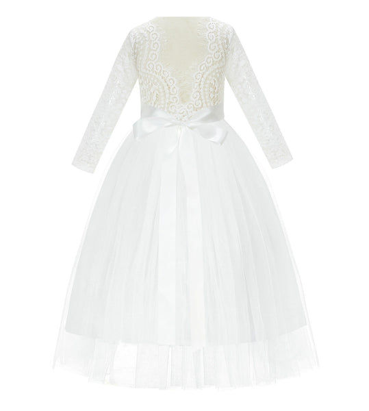 A-Line V-Back Lace Flower Girl Dress with Sleeves Formal Junior Princess Gown Special Occasion 290R3