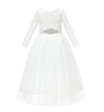 A-Line V-Back Lace Flower Girl Dress with Sleeves Formal Junior Princess Gown Special Occasion 290R3