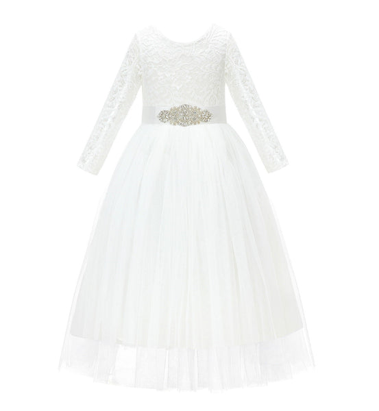 A-Line V-Back Lace Flower Girl Dress with Sleeves Formal Junior Princess Gown Special Occasion 290R3
