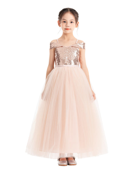 Off The Shoulder Sequin Flower Girl Dress Junior Pageant Gown Photoshoot Dresses for Toddlers 322