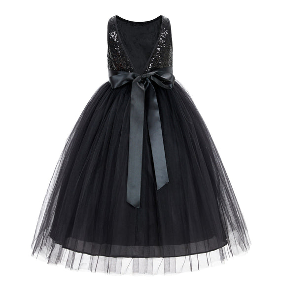 Sequin V-Back Flower Girl Dress Special Occasions Wedding Reception Communion Baptism Pageant LG1