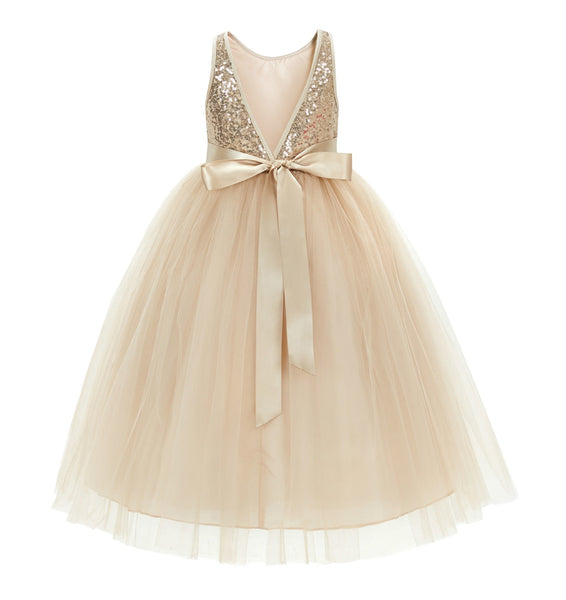 Sequin V-Back Flower Girl Dress Special Occasions Wedding Reception Communion Baptism Pageant LG1