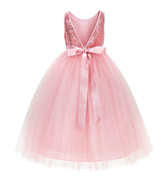 Sequin V-Back Flower Girl Dress Special Occasions Wedding Reception Communion Baptism Pageant LG1
