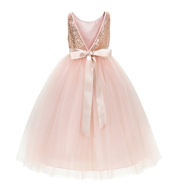 Sequin V-Back Flower Girl Dress Special Occasions Wedding Reception Communion Baptism Pageant LG1