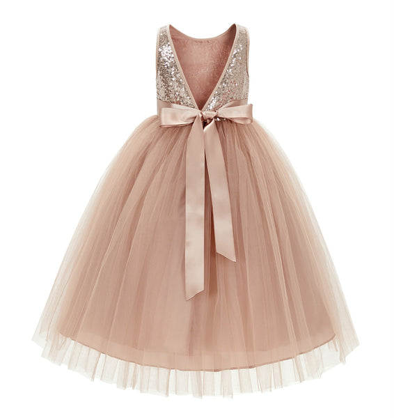 Sequin V-Back Flower Girl Dress Special Occasions Wedding Reception Communion Baptism Pageant LG1