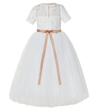 Floral Lace Flower Girl Dress with Sleeves Holy Baptism Gown Formal Photoshoot Dresses LG2R2