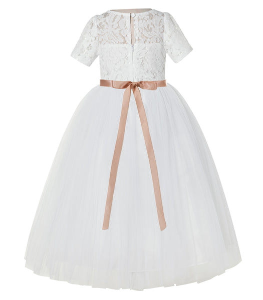 Floral Lace Flower Girl Dress with Sleeves Holy Baptism Gown Formal Photoshoot Dresses LG2R2