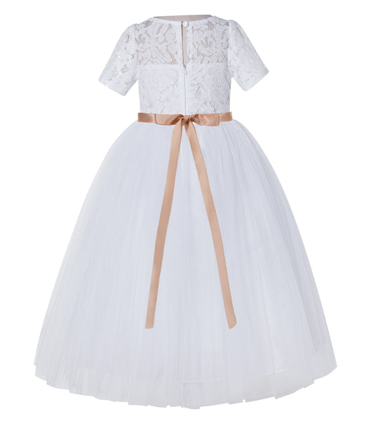 Floral Lace Flower Girl Dress with Sleeves Holy Baptism Gown Formal Photoshoot Dresses LG2R2