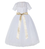 Floral Lace Flower Girl Dress with Sleeves Holy Baptism Gown Formal Photoshoot Dresses LG2R2