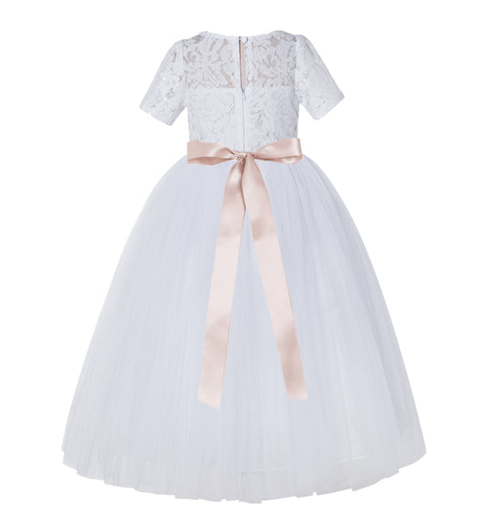 Floral Lace Flower Girl Dress with Sleeves Father Daughter Dance Recital Gown Birthday Party LG2R3