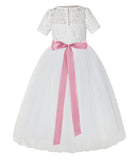 Ivory Floral Lace Flower Girl Dress with Sleeves Pretty Princess Gown Special Occasion Dresses LG2R7