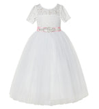 Ivory Floral Lace Flower Girl Dress with Sleeves Pretty Princess Gown Special Occasion Dresses LG2R7