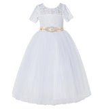 White Floral Lace Flower Girl Dress with Sleeves Pretty Princess Gown Special Occasion Dresses LG2R7