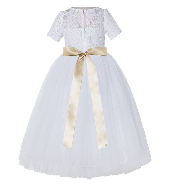 White Floral Lace Flower Girl Dress with Sleeves Pretty Princess Gown Special Occasion Dresses LG2R7