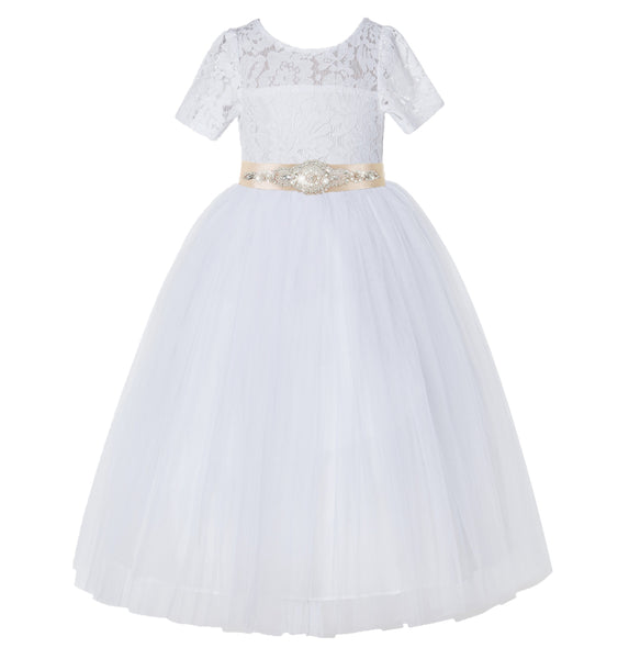 White Floral Lace Flower Girl Dress with Sleeves Pretty Princess Gown Special Occasion Dresses LG2R7