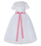 White Floral Lace Flower Girl Dress with Sleeves Pretty Princess Gown Special Occasion Dresses LG2R7