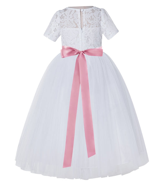 White Floral Lace Flower Girl Dress with Sleeves Pretty Princess Gown Special Occasion Dresses LG2R7
