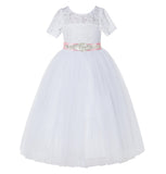 White Floral Lace Flower Girl Dress with Sleeves Pretty Princess Gown Special Occasion Dresses LG2R7