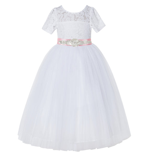 White Floral Lace Flower Girl Dress with Sleeves Pretty Princess Gown Special Occasion Dresses LG2R7