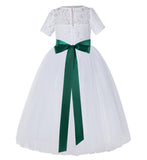 White Floral Lace Flower Girl Dress with Sleeves Pretty Princess Gown Special Occasion Dresses LG2R7