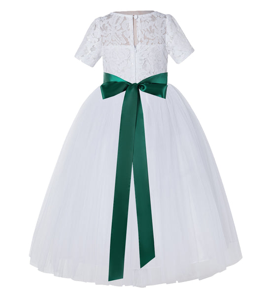 White Floral Lace Flower Girl Dress with Sleeves Pretty Princess Gown Special Occasion Dresses LG2R7